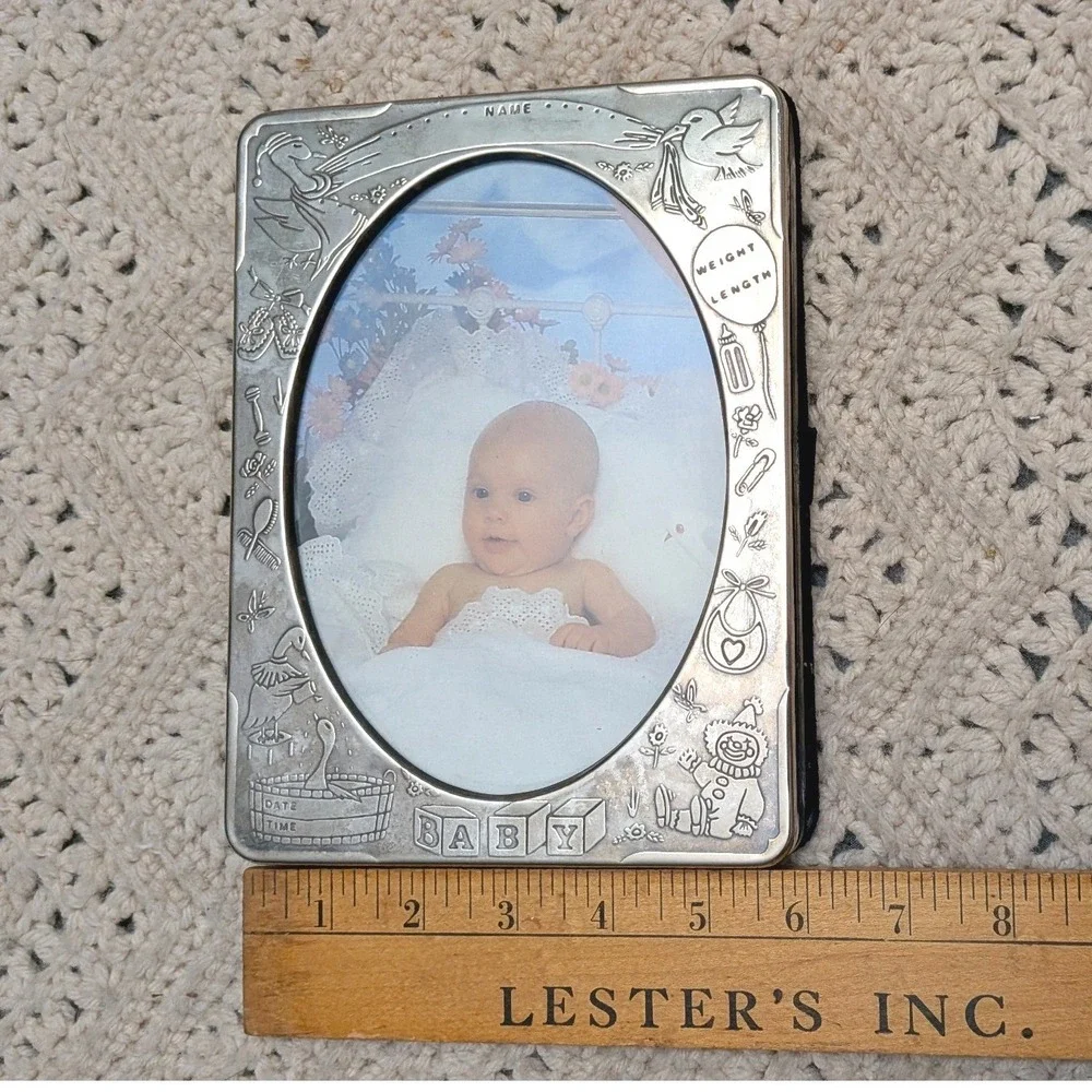 Vintage Silver Tone Baby Photo Album Frame Embossed Nursery Stork 6x8